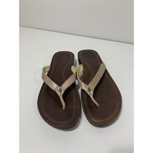 Olukai Women's Aukai Leather Wedge Sandals - Copper/Dark Java Size 10